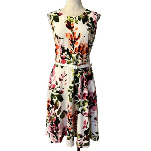 Danny & Nicole Dress 16 Floral Belted Stretch Career Church Washable NEW - Picture 1 of 8